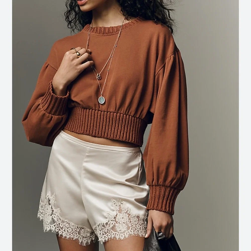 Anthropologie Womens XS Terracotta Orange Puff Sleeve Cropped Sweatshirt Cotton